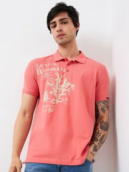 Spykar - Men Peach Slim Fit Printed Half Sleeve Casual Polo T-Shirt