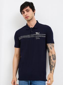 Spykar - Men Blue Slim Fit Printed Half Sleeve Casual Polo T-Shirt