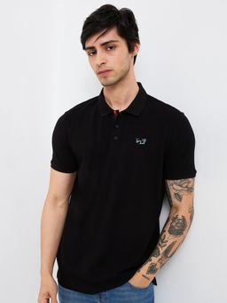Spykar - Men Black Slim Fit Typography Half Sleeve Casual Polo T-Shirt