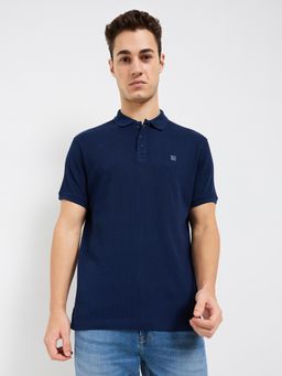 Spykar - Men Blue Slim Fit Textured Half Sleeve Casual Polo T-Shirt