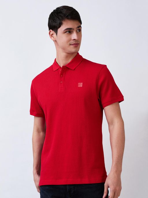 Spykar Men Red Slim Fit Textured Half Sleeve Casual Polo T-Shirt