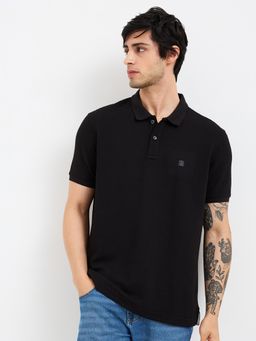Spykar - Men Black Slim Fit Textured Half Sleeve Casual Polo T-Shirt