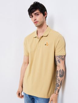 Spykar - Men Beige Slim Fit Textured Half Sleeve Casual Polo T-Shirt