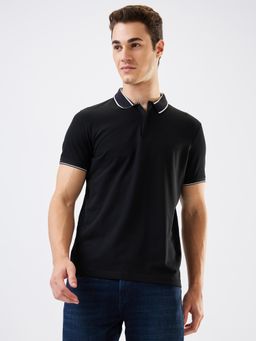 Spykar - Men Black Slim Fit Solid Half Sleeve Casual Polo T-Shirt