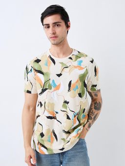Spykar - Men Cream Slim Fit Printed Half Sleeve Casual T-Shirt