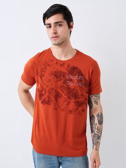 Spykar - Men Orange Slim Fit Printed Half Sleeve Casual T-Shirt