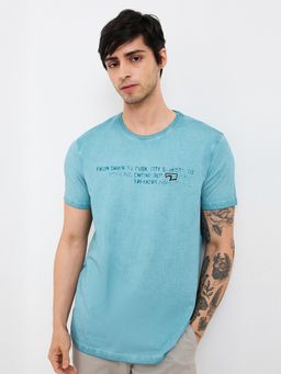 Spykar - Men Blue Slim Fit Abstract Half Sleeve Casual T-Shirt