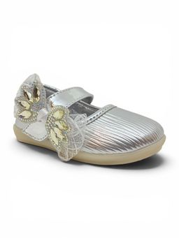 Lil Lollipop - Girls Bow Applique Detailed Velcro Closure Ballerinas Silver