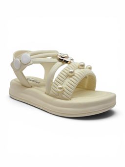 Lil Lollipop - Girls Flower Applique Detailed Button Closure Sandals Cream