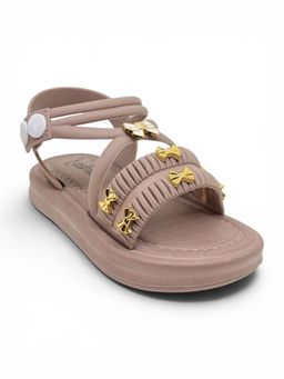 Lil Lollipop - Girls Bow Applique Detailed Button Closure Sandals Mauve
