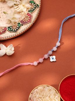 Kicky and Perky - 925 Sterling Silver Evil Eye And Rose Quartz Beads Thread Rakhi