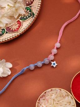 Kicky and Perky - 925 Sterling Silver Evil Eye Star And Rose Quartz Beads Rakhi Rakhi