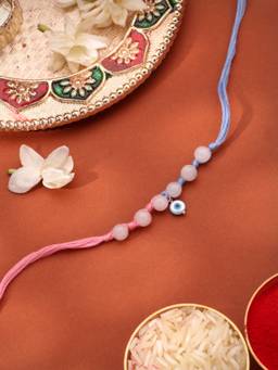 Kicky and Perky - 925 Sterling Silver Evil Eye Round And Rose Quartz Beads Rakhi Rakhi