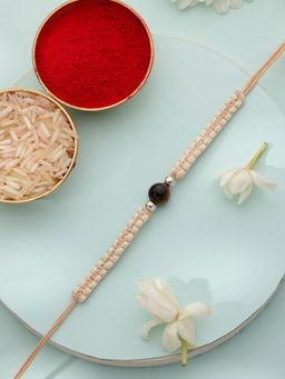 Kicky and Perky - 925 Sterling Silver Tiger’S Eye Macrame Thread Kids Rakhi With Roli Chawal