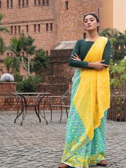 Beatitude - Green Cotton Silk Jacquard Jamdani Saree Without Blouse