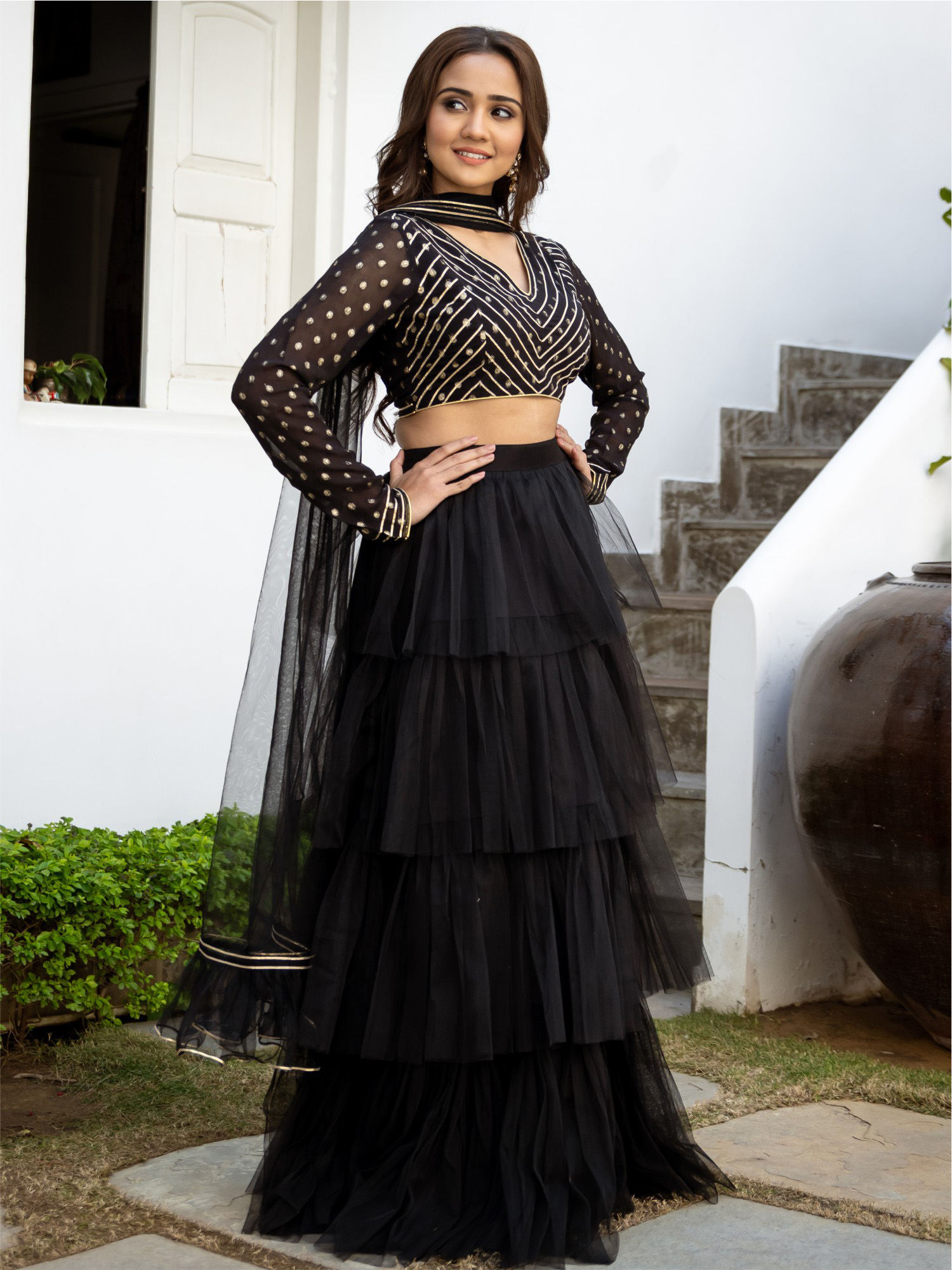 Black Net Tiered Flared Lehenga (Set 