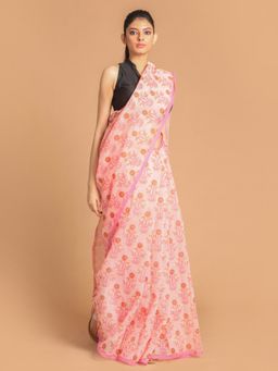 Indethnic - Peach Floral Super Net Saree with Unstitched Blouse