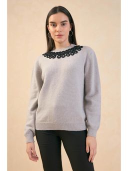 SALT Attire - Dorothy Crew Neckline Front Neck Applique Detail Sweater