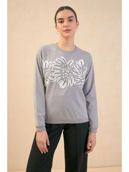 SALT Attire - Ginny Crew Neckline Applique Detail Ribbed Sweater