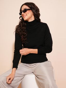 Globus - Women Black Solid Full Sleeves Turtle Neck Ribbed Hem Flat Knit Sweater