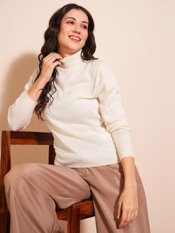 Globus - Women Off-White Solid Full Sleeves Turtle Neck Ribbed Hem Flat Knit Sweater
