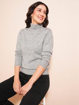 Globus - Women Grey Melange Solid Full Sleeves Turtle Neck Ribbed Hem Flat Knit Sweater