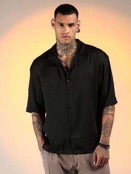 Campus Sutra - Men'S Onyx Black Solid Crinkle Oversized Shirt