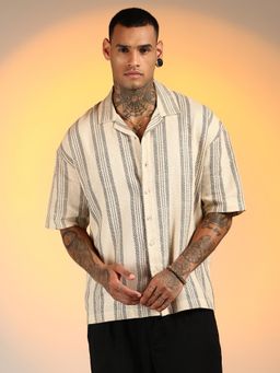 Campus Sutra - Men'S Saltbox Beige Woven Striped Oversized Shirt