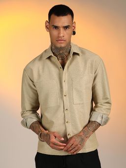 Campus Sutra - Men'S Buff Beige Chevron-Woven Utility Shirt