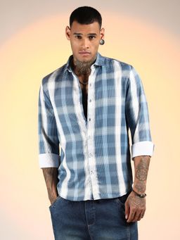 Campus Sutra - Men'S Steel Blue Tartan Plaid Shirt