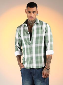 Campus Sutra - Men'S Sage Green Tartan Plaid Shirt