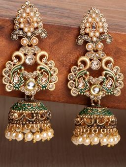 OOMPH - Jewellery Green Meenakari Enamel Kundan Peacock Shape Jhumka Earrings