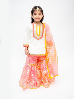 Fayon Kids - Off White Kurta with Pink Kotta Print Fabric Sharara And Dupatta (Set of 3)