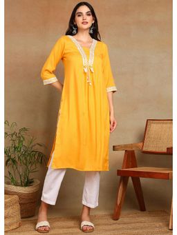 Gahan - Embroidered Lace Detailing Mustard Rayon Slub Kurta