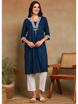 Gahan - Embroidered Lace Detailing Navy Blue Rayon Slub Kurta