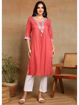 Gahan - Embroidered Lace Detailing Peach Rayon Slub Kurta