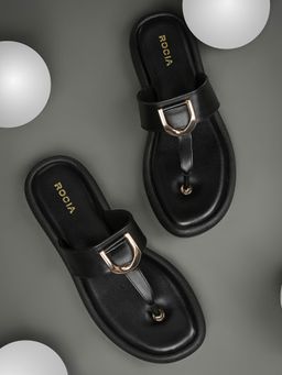 ROCIA - By Regal Black Women Casual T-Strap Flat Sandals