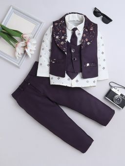 FOURFOLDS - Purple Flower Printed Shirt-Trouser with Waistcoat and Bow