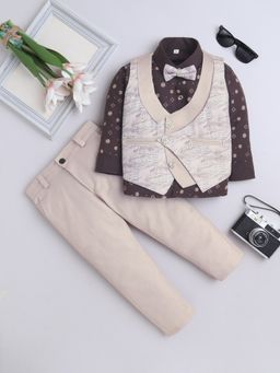 FOURFOLDS - Beige Text Printed Shirt-Trouser with Waistcoat and Bow