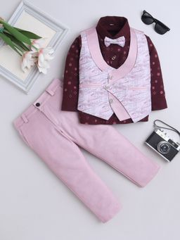 FOURFOLDS - Pink Text Printed Shirt-Trouser with Waistcoat and Bow