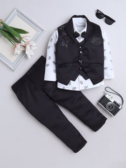 FOURFOLDS - Black Floral Embellished Shirt-Trouser with Waistcoat and Bow