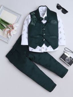FOURFOLDS - Dark Green Floral Embellished Shirt-Trouser with Waistcoat and Bow