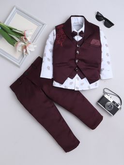 FOURFOLDS - Wine Floral Embellished Shirt-Trouser with Waistcoat and Bow