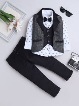 FOURFOLDS - Black Printed Shirt-Trouser With Waistcoat And Bow