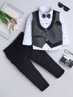 FOURFOLDS - Black Printed Shirt-Trouser With Waistcoat And Bow