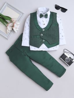 FOURFOLDS - Dark Green Printed Shirt-Trouser With Waistcoat And Bow