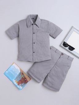FOURFOLDS - Grey Cotton Knitted Solid Half Sleeves Co-Ord Sets