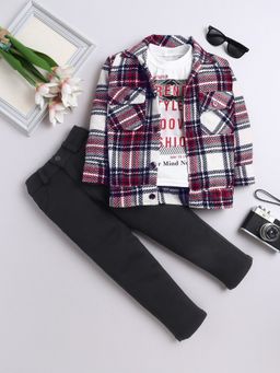 FOURFOLDS - Red Full Sleeves Checked Co-Ord Set With T-Shirt