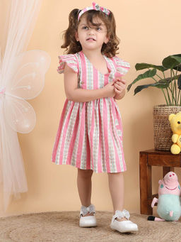 Polka Tots - Cotton Cap Sleeve Printed Frock With Headband-Pink