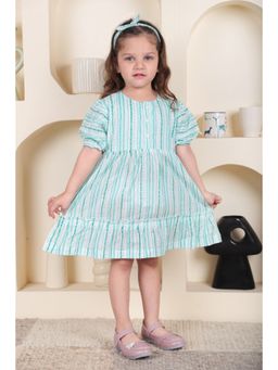 Polka Tots - Cotton Sleeves Printed Frock With Headband-Green